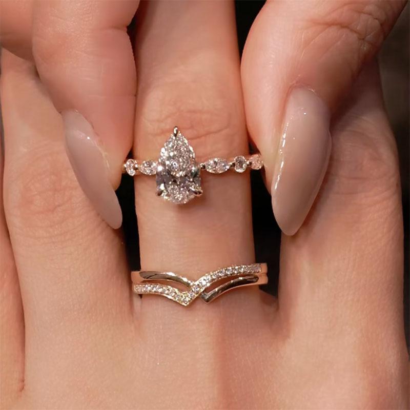Fashion Inlaid Diamond Water Droplet High-end Ring Two-piece Set Single Diamonds Design Ring Unique Party Fine Jewelry Gift