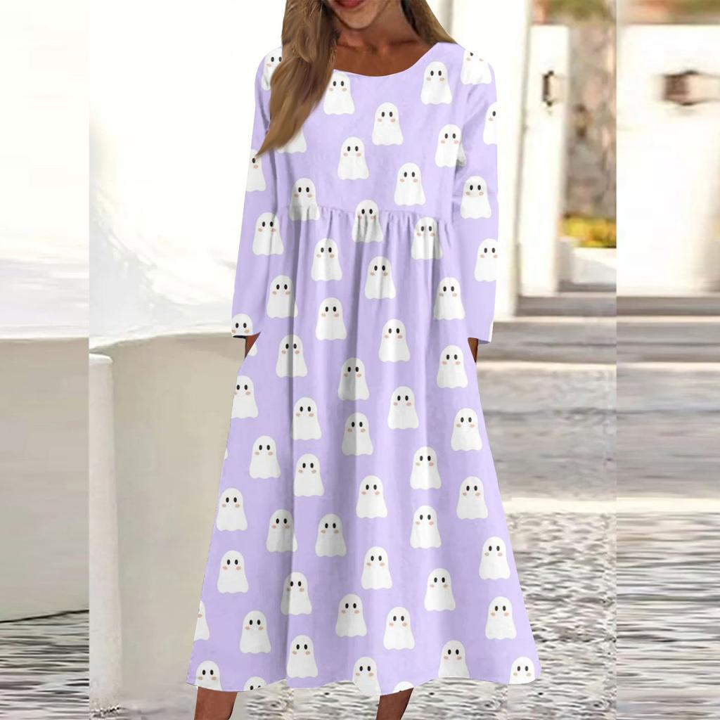 Kvinners uformelle trykk med rund hals. Mellomlang kjole Langermet kjole med lommer