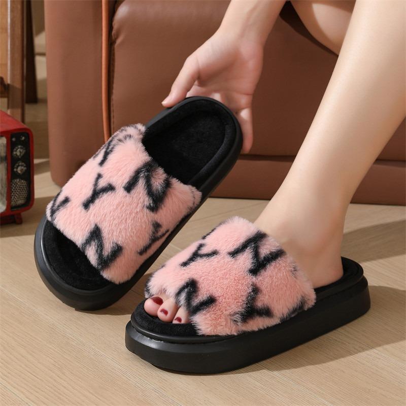 New autumn fluffy slippers women's thick bottom opening household indoor non-slip home plush cotton slippers