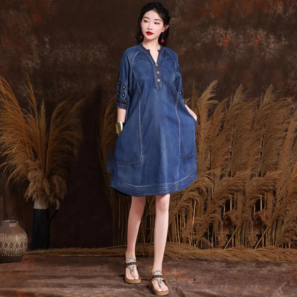 Johnature Retro Kapesní Zařízení Bavlna Ležérní Jednobarevné Áčkové Šaty Poloviční Rukáv Výstřih do V Volný Vintage Styl Výšivka Šaty