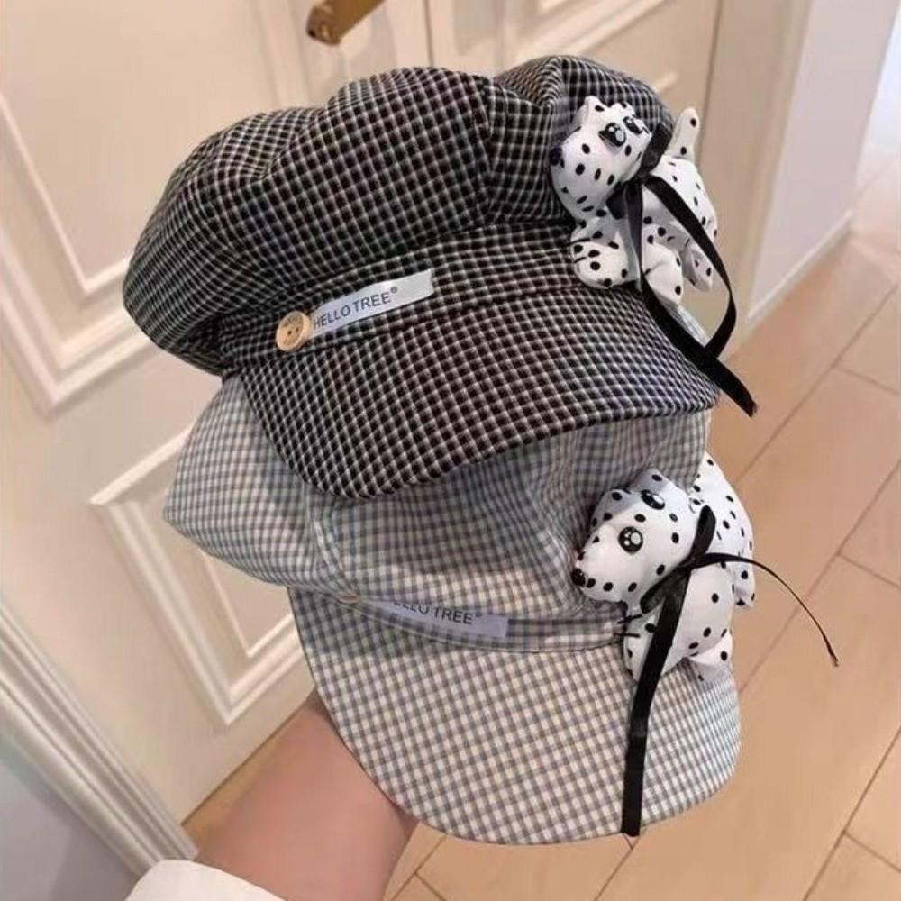 Polka Dot Print Beret Hat Plaid Newsboy Hat Cute Octagonal Cap For Girls
