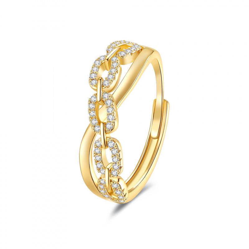 Hot Selling Zircon Square Interlocking Chain Ring: Women s Simple Fashion European & American Style Index Finger Jewelry Adjustable Opening золотой