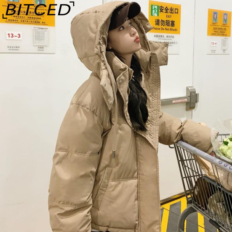 BITCED New Style Women's Winter Short-Length Hooded Puffer Jacket with Design-Forward Thickened Fleece Lining