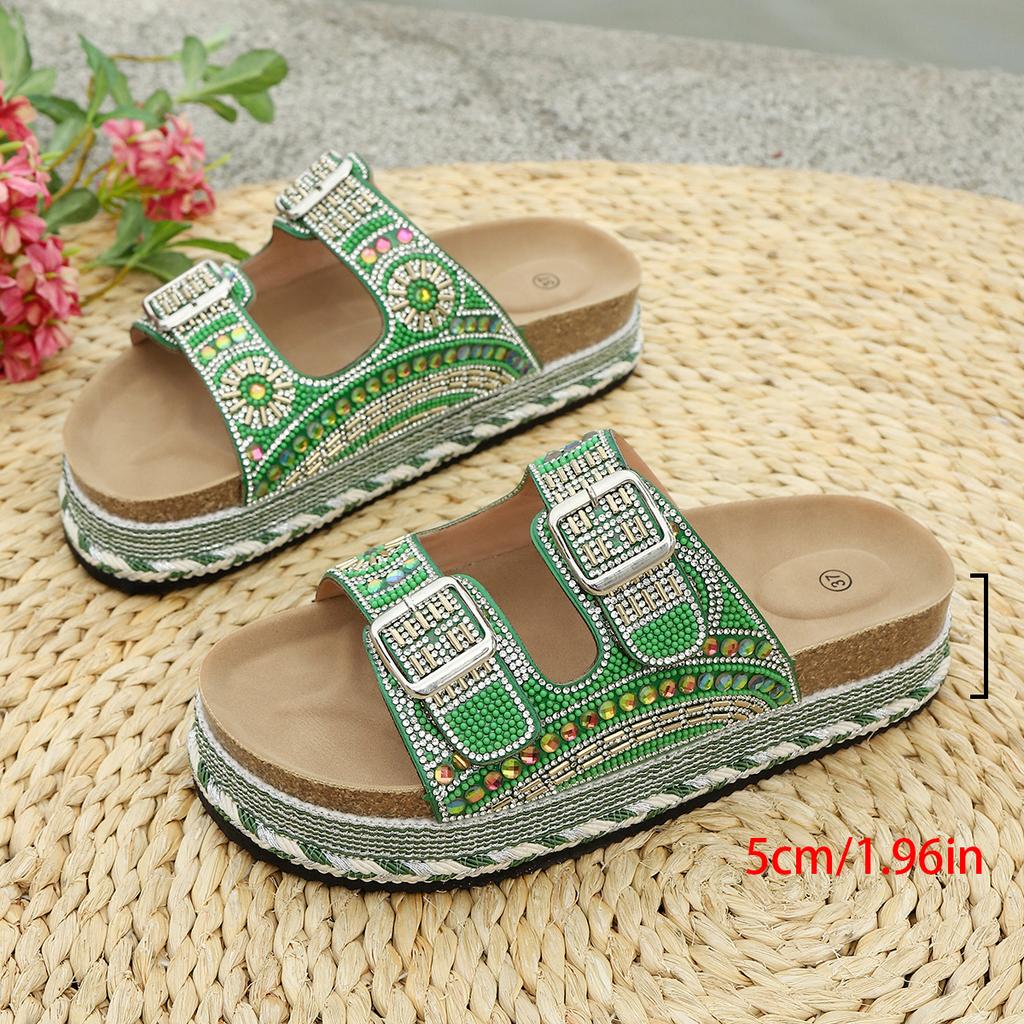 New Summer Rhinestone Platform Slippers - Women’s Plus Size Belt Buckle Slides for Outdoor Wear