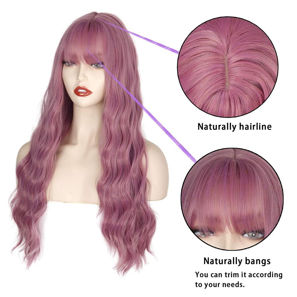 MERISIHAIR Purple Wig with Bangs Long Wavy Wig for Women, Synthetic Wig Heat Resistant 24 Inches