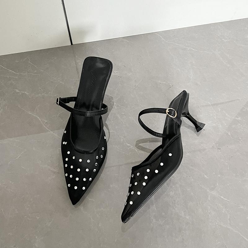 Crystal Women Slippers Heeled Sandals Pointed Toe Mesh Mules Shoes Woman 2025 Trend Summer Elegant Pumps Dress Slides Plus Size