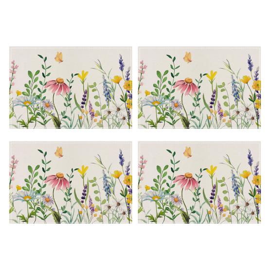 4Pcs Floral Linen Placemats 30x45cm Washable Reusable Heat-Resistant Table Mats with Plant Flower
