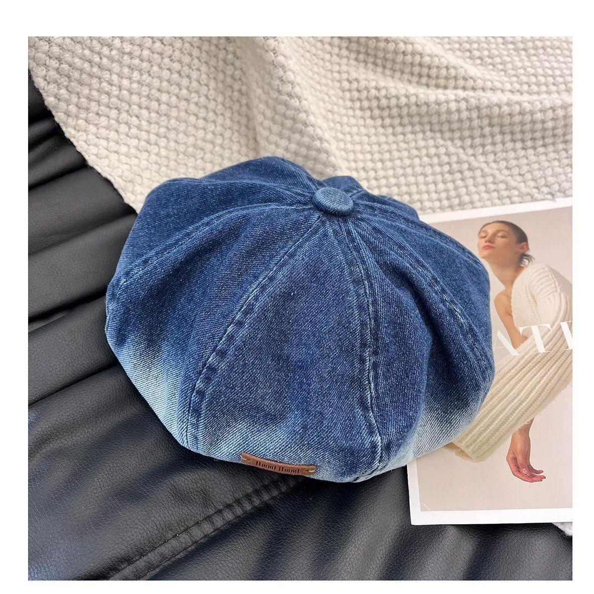 

Vintage Gradient Washed Distressed Beret Women Slim Retro Painter Hat Small Leather Label Cloud Beret 56-58cm