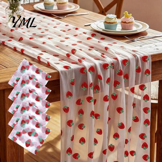 Elegant Event Table Liners Sheer Tulle Runner, Strawberry Cherry Lemon Pattern, Summer Runner Overlay, Seasonal Fruit for Birthday Party Wedding Decor