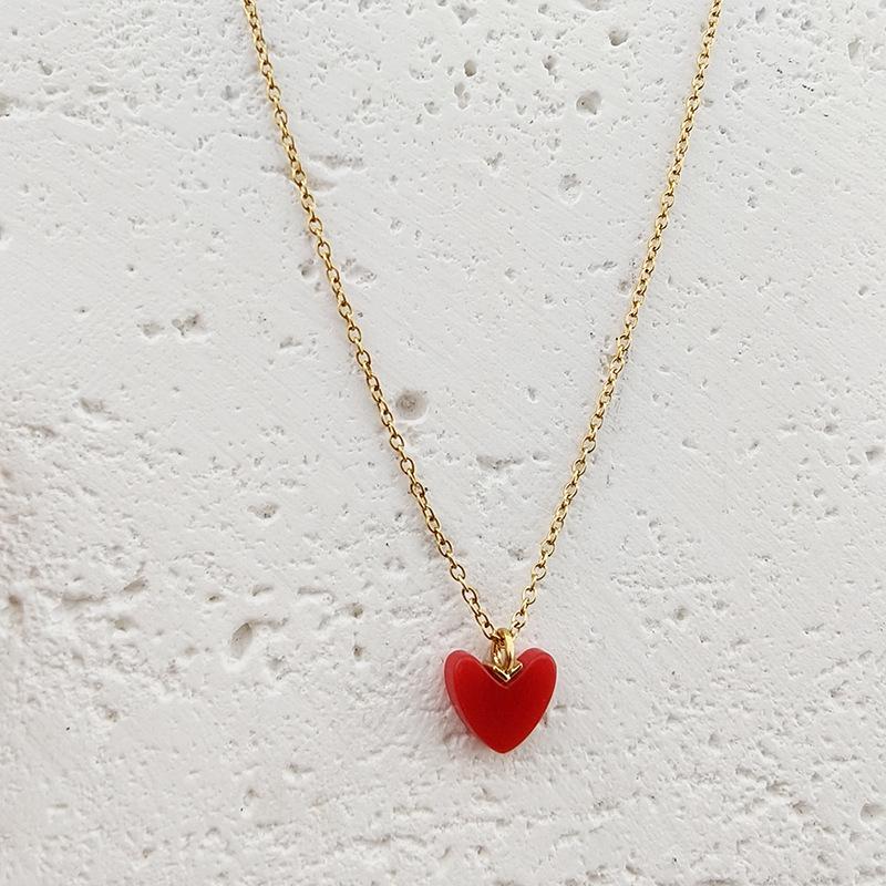 Liu Yifei Red Heart Necklace & Earrings Set, 18k Gold-Plated Heart Pendant with V-Shaped Clavicle Chain.