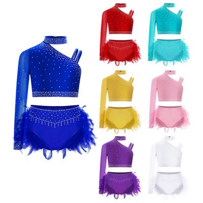 Glitzerndes Tanzkostüm-Set für Kinder, Mädchen, Strassverziertes bauchfreies Top, asymmetrische Schultern und Federshorts