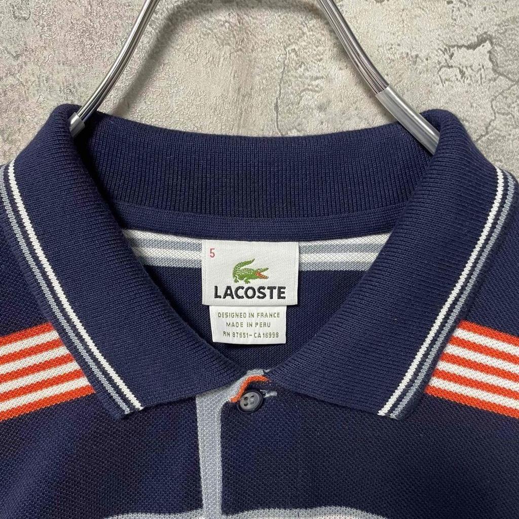 Used LACOSTE Short Sleeve Polo Shirt Border Pique Crocodile Logo Patch One Point Men's 5 Sizes L To XL Equivalent Navy
