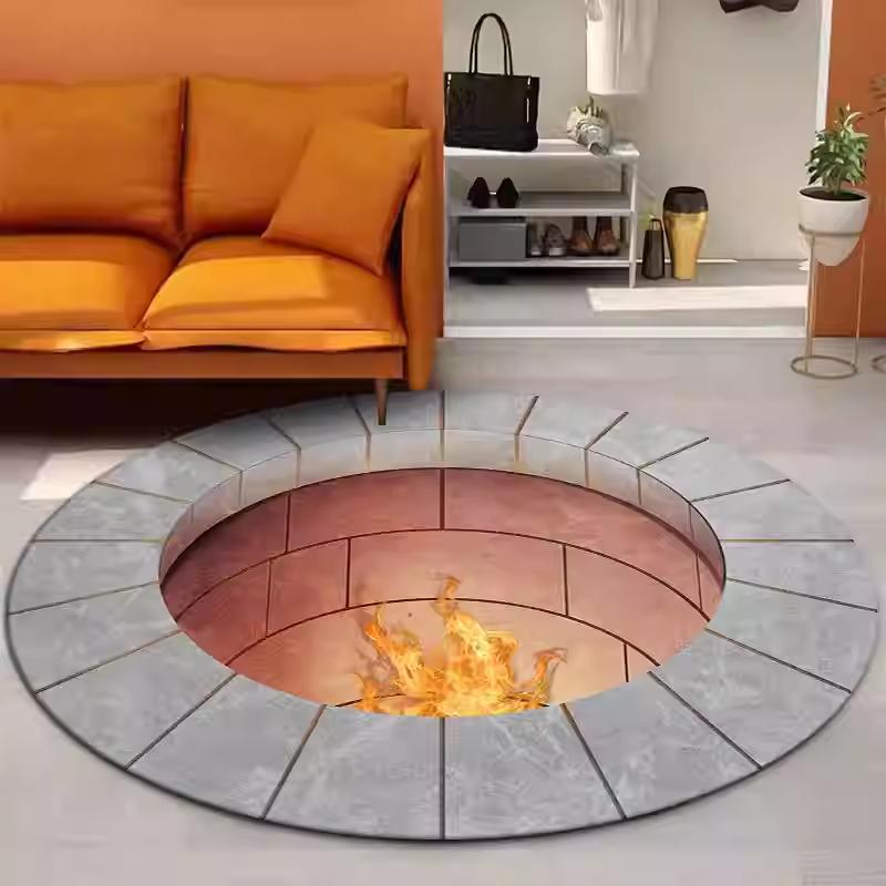 Fire Pit Bonfire Printed Round Carpet Visual Three-dimensional Door Mat Living Room Bedroom Kitchen Decoration Rug