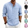 Mens Linen Casual Long Sleeve Stand Collar Shirt