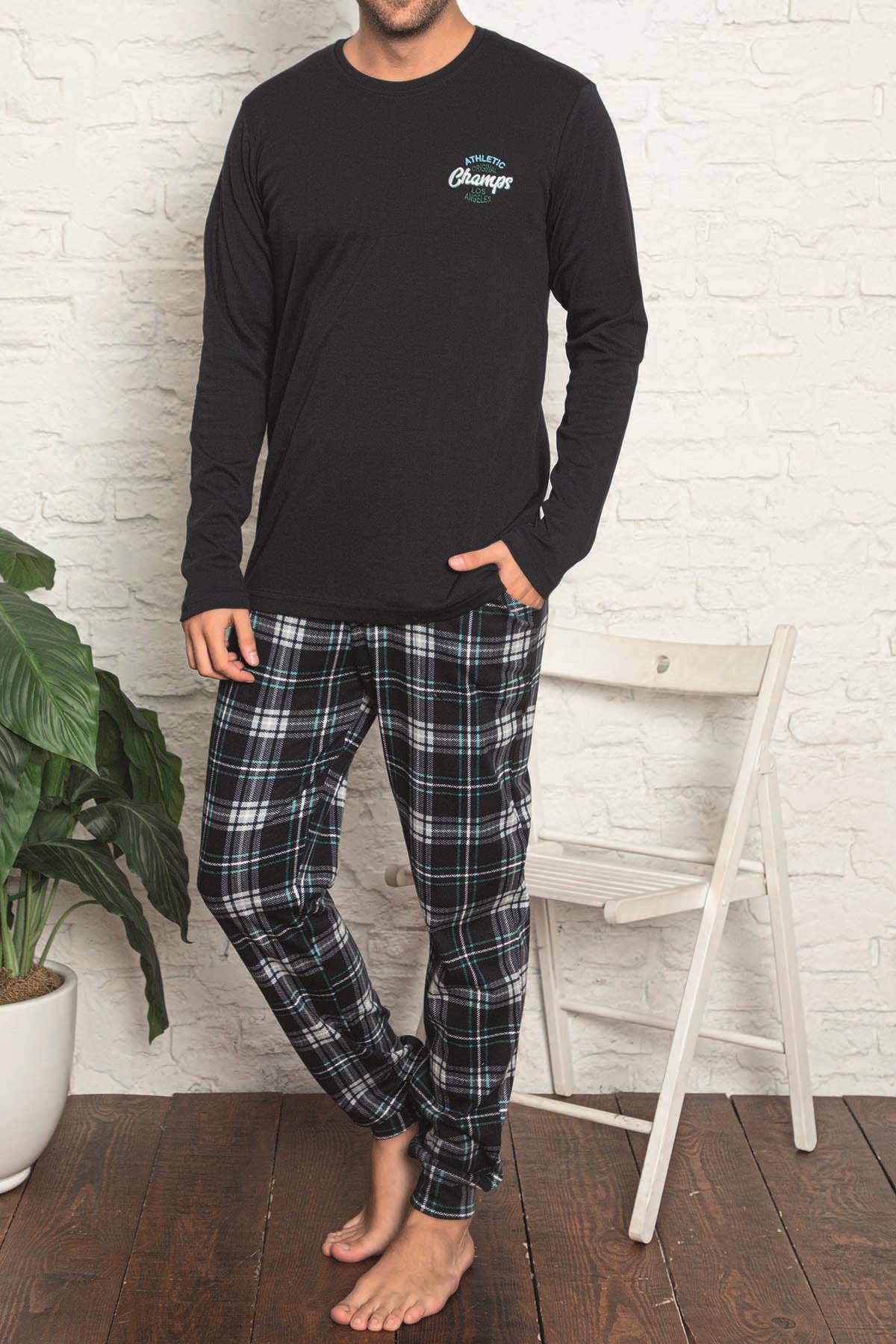 

Мужской пижамный комплект с длинными рукавами и карманами из хлопка в клетку Interlog
