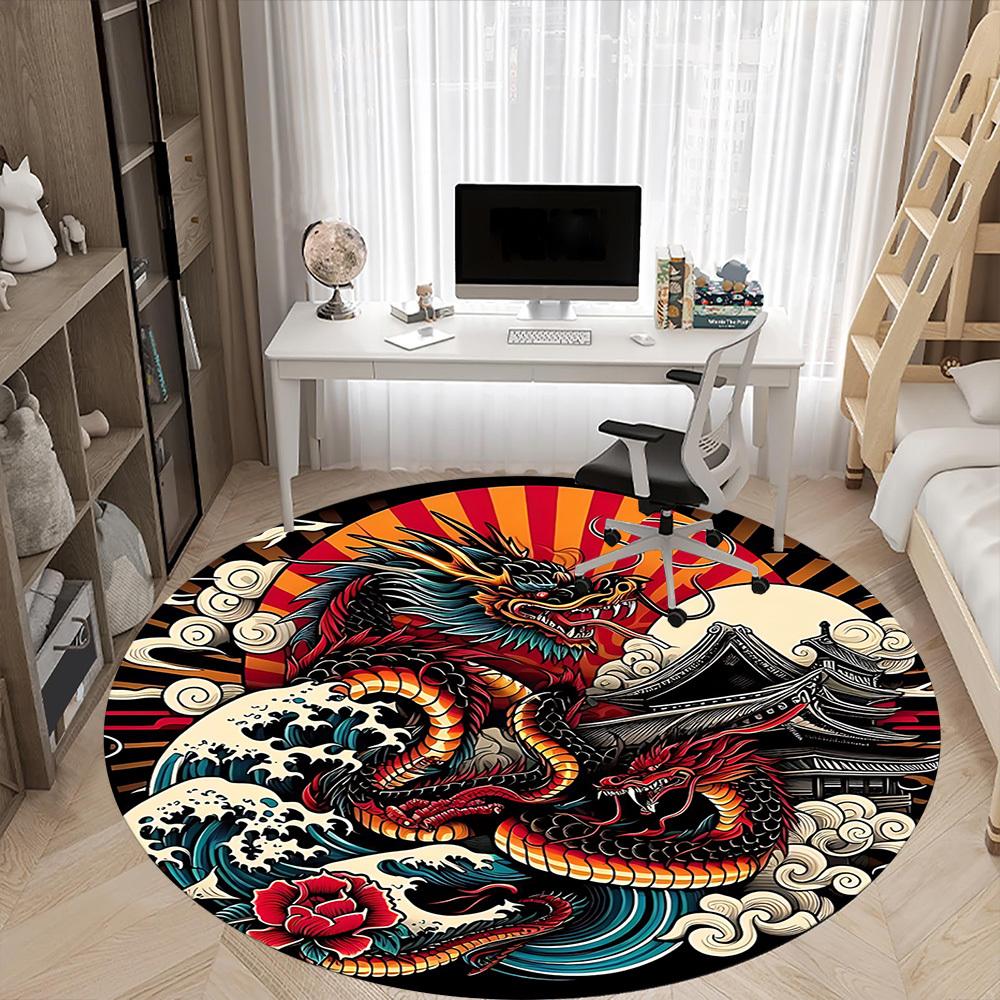 1PC Dragon Wave Design Office Round Rug, Non slip, Soft and Durable Office Rug for Interior Decoration, Perfect for Office