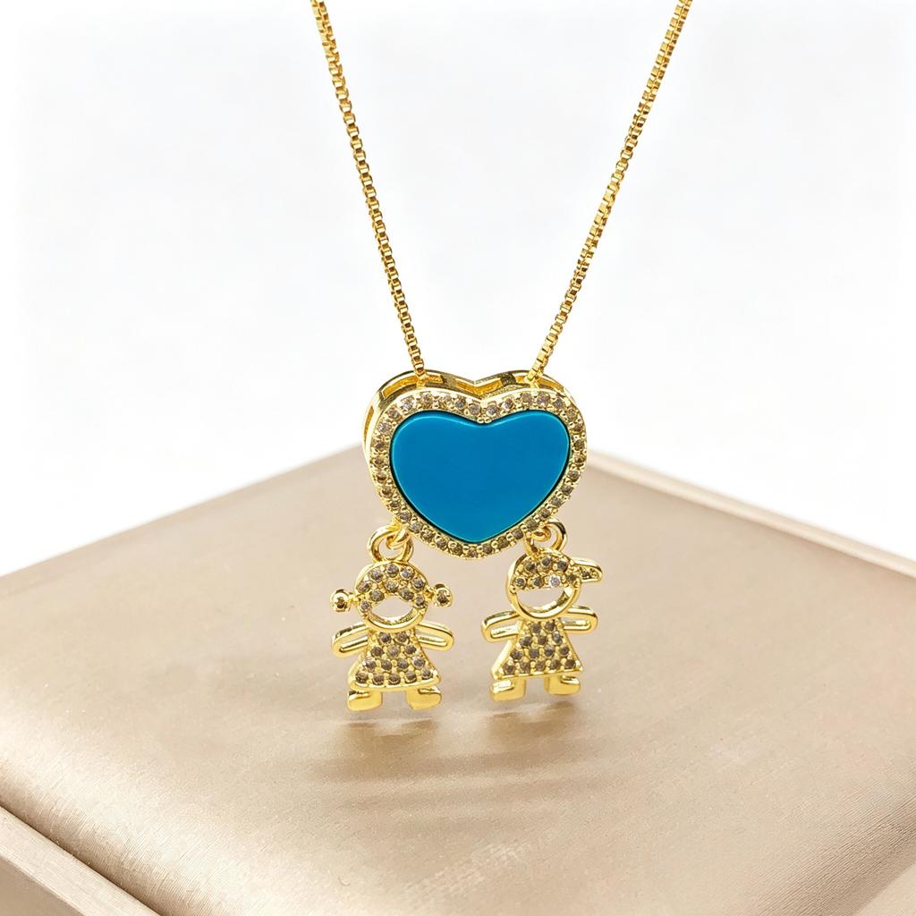 Stylish Son Daughter Romantic Heart Cubic Zirconia Family Girl Boy Pendant Necklace Copper Chain Jewelry For Birthday Gift Choke
