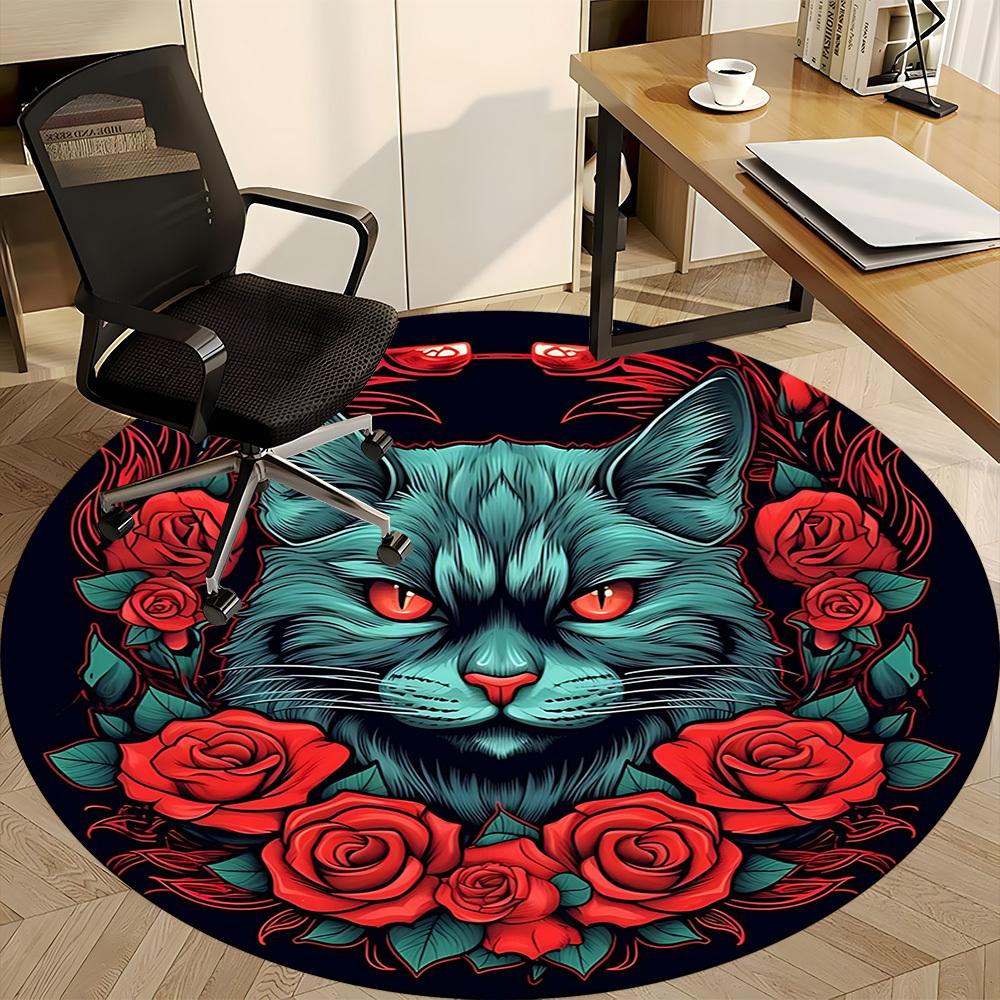 1 Stück Katzen-Rosen-Design, rundes Büroteppich, rutschfest, weich und langlebig, Büroteppich für Innendekoration, perfekt für das Büro