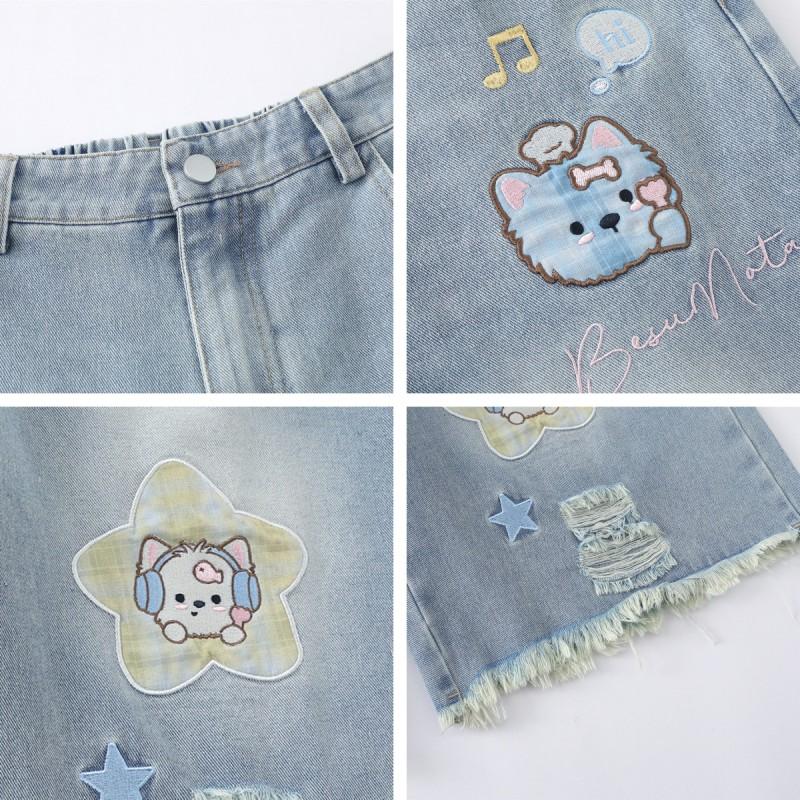 American Vintage Cute Dog Embroidered Raw Edge 7/1 Jeans Loose Fit Casual Shorts Men Women