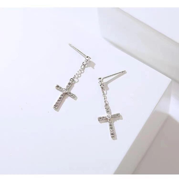 925 Sterling Silver Cross Diamond Stud Earrings for Women - High-End Cold Style