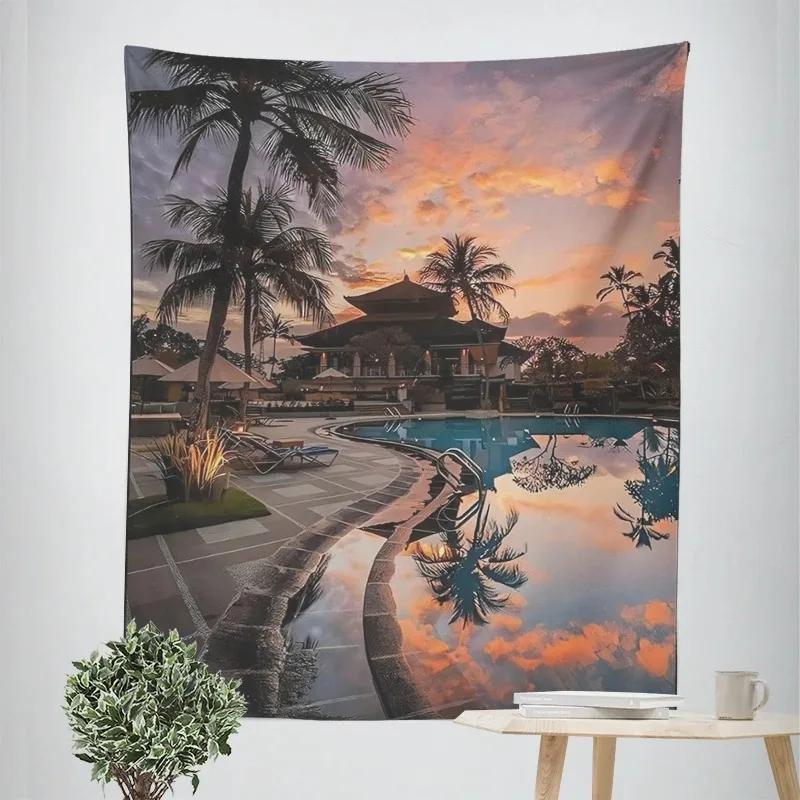 Tapeçaria decorativa tropical de coqueiros ao anoitecer, decoração de parede para casa, escritório, sala de estar