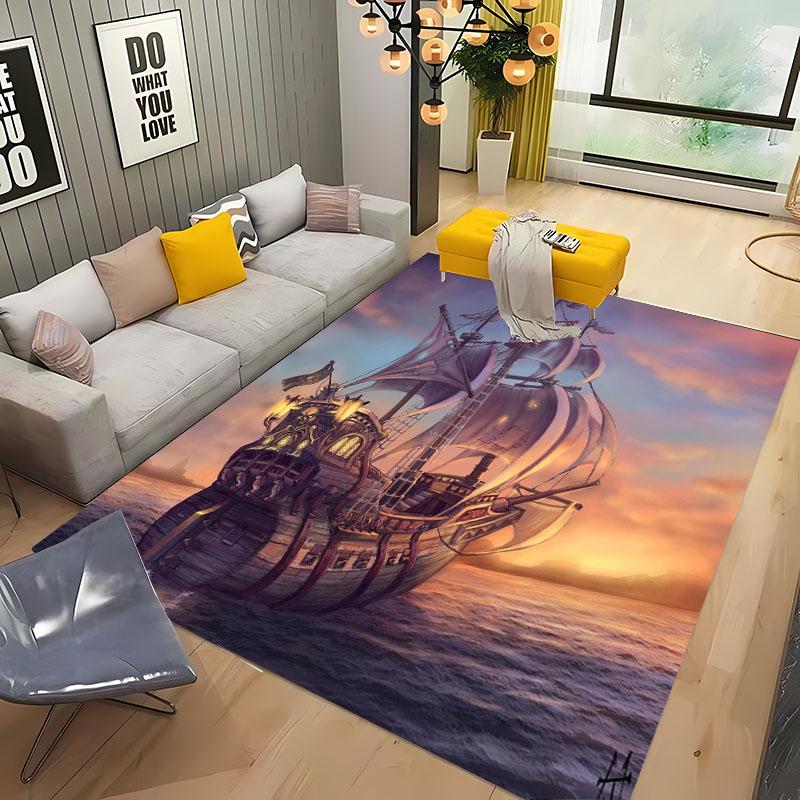 3D Pirate Ship Boat, Large Area Carpets for Home Living Room  Children's Bedroom Sofa Doormat Kitchen Floor Rugs Anti-slip Decor