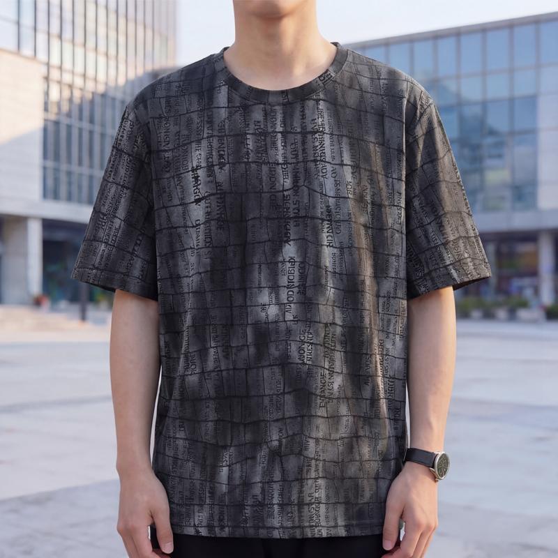 Men's Plus Size Grid Text Print T-Shirt – Textured Short Sleeve Casual Tee (Sizes 5XL-11XL) for Summer Streetwear