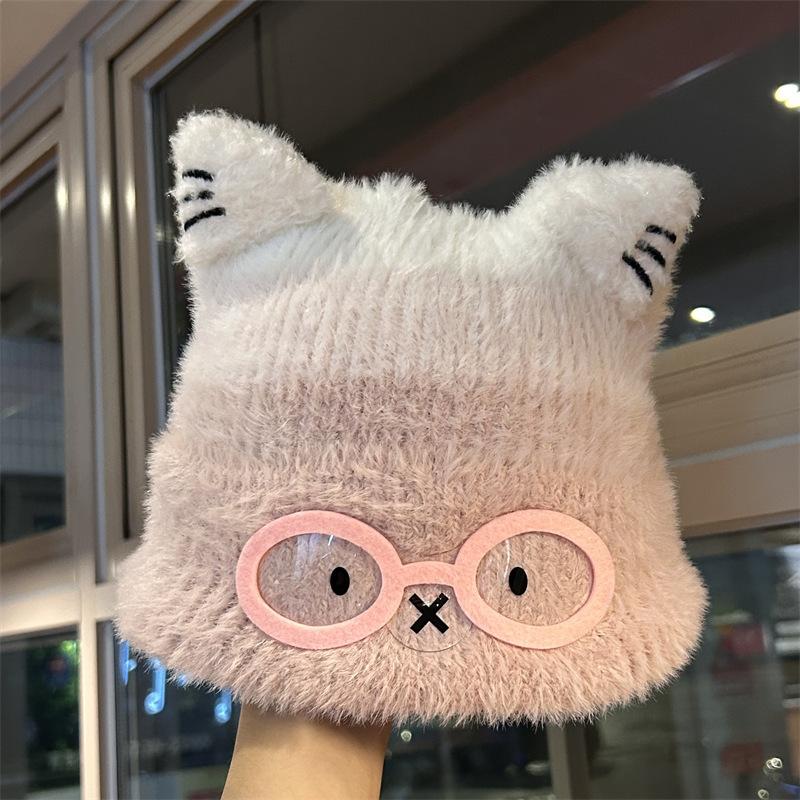 Autumn and Winter New Cartoon Glasses Ears Knitted Hat Women's Big Head Circumference Small Wool Hat