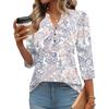 Women’s Fashion Loose Fit Three Quarter Sleeve Top with Print V Neck Button Comfortable Blouse for Daily Wear