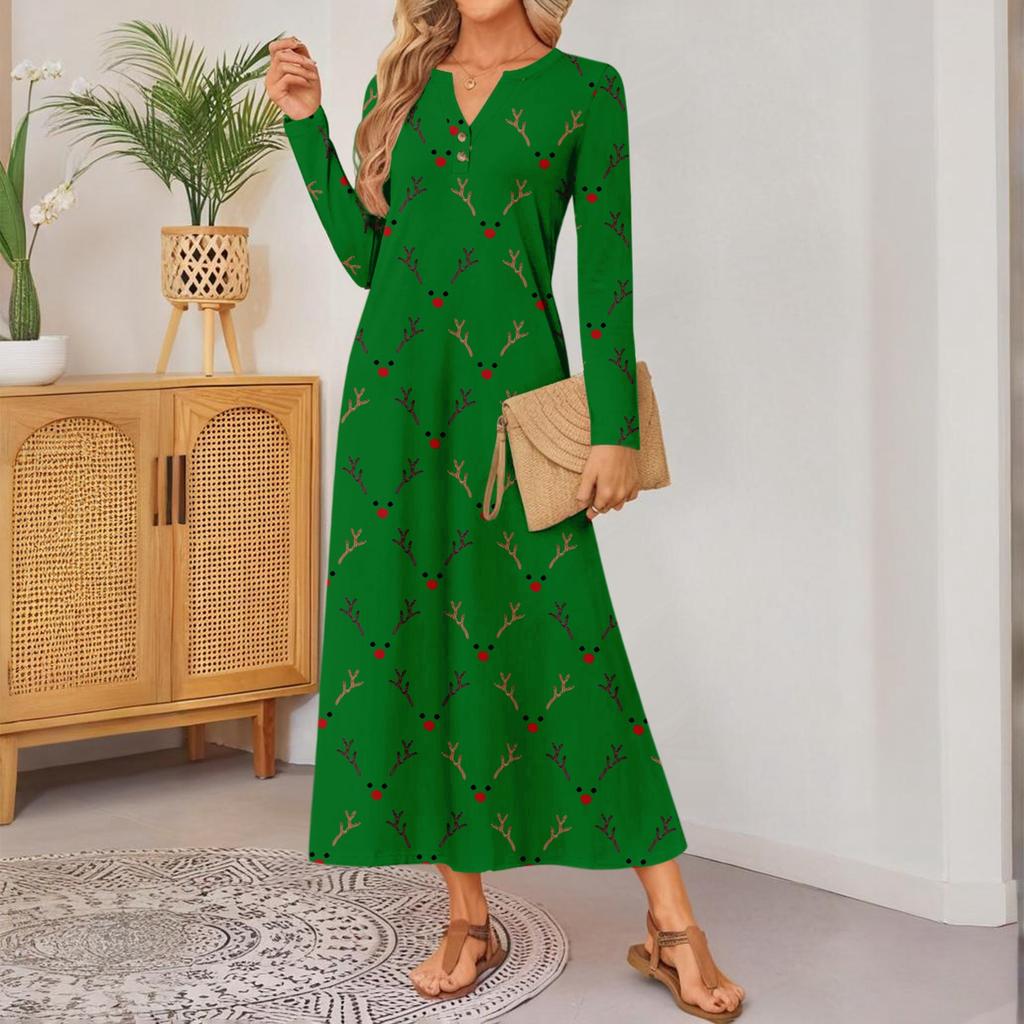 women's cute printed long-sleeved comfortable loose dress, elegant dress