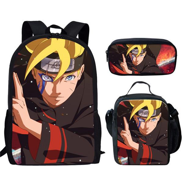 Naruto Printed Kids School Backpack Lunch Bag Pencil Case Set With Nylon Material For Children