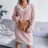 Women Fall Winter V Neck Long Sleeve Solid Color Sweater All Match Knit Dresses