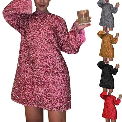 Vestido feminino de lantejoulas brilhantes com decote redondo e manga comprida, laço sem costas, sexy e fofo, vestido de festa