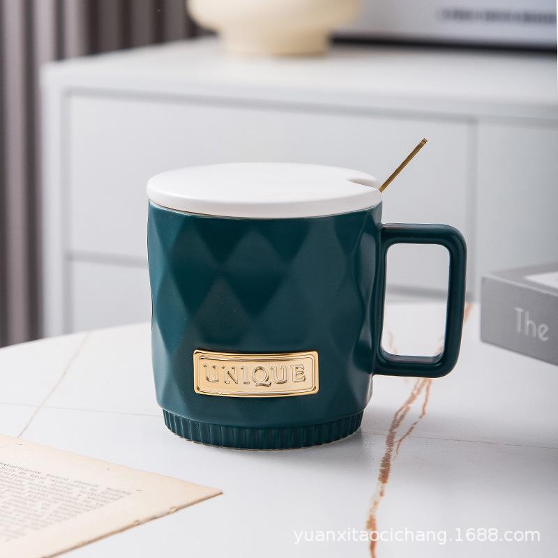 Cross Border Nordic Diamond Diamond Lattice Ceramic Mug Simple White Tie Lid Spoon Coffee Mug Office Home Cup