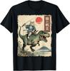 Zabawny Kot Jadący na TRexie Japońska Sztuka Ukiyo-e Kot Samuraj Koszulka Unisex Koszulka Unisex