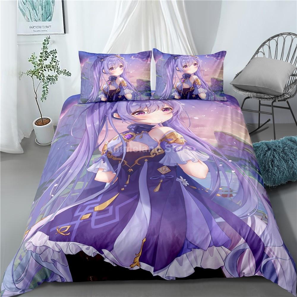 3d Print Anime Genshin Impact Keqing Bedding Set Cartoons Duvet Cover Set Comforter Bed Linen For Children Boy Decor Bedclothes