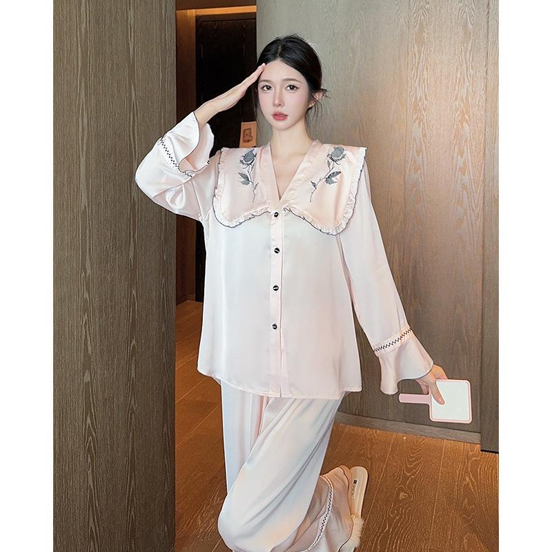 Rose Doll Collar French Sweet Ladies Pajamas Ice Silk Autumn and Winter Long Sleeve Comfortable Homewear Set