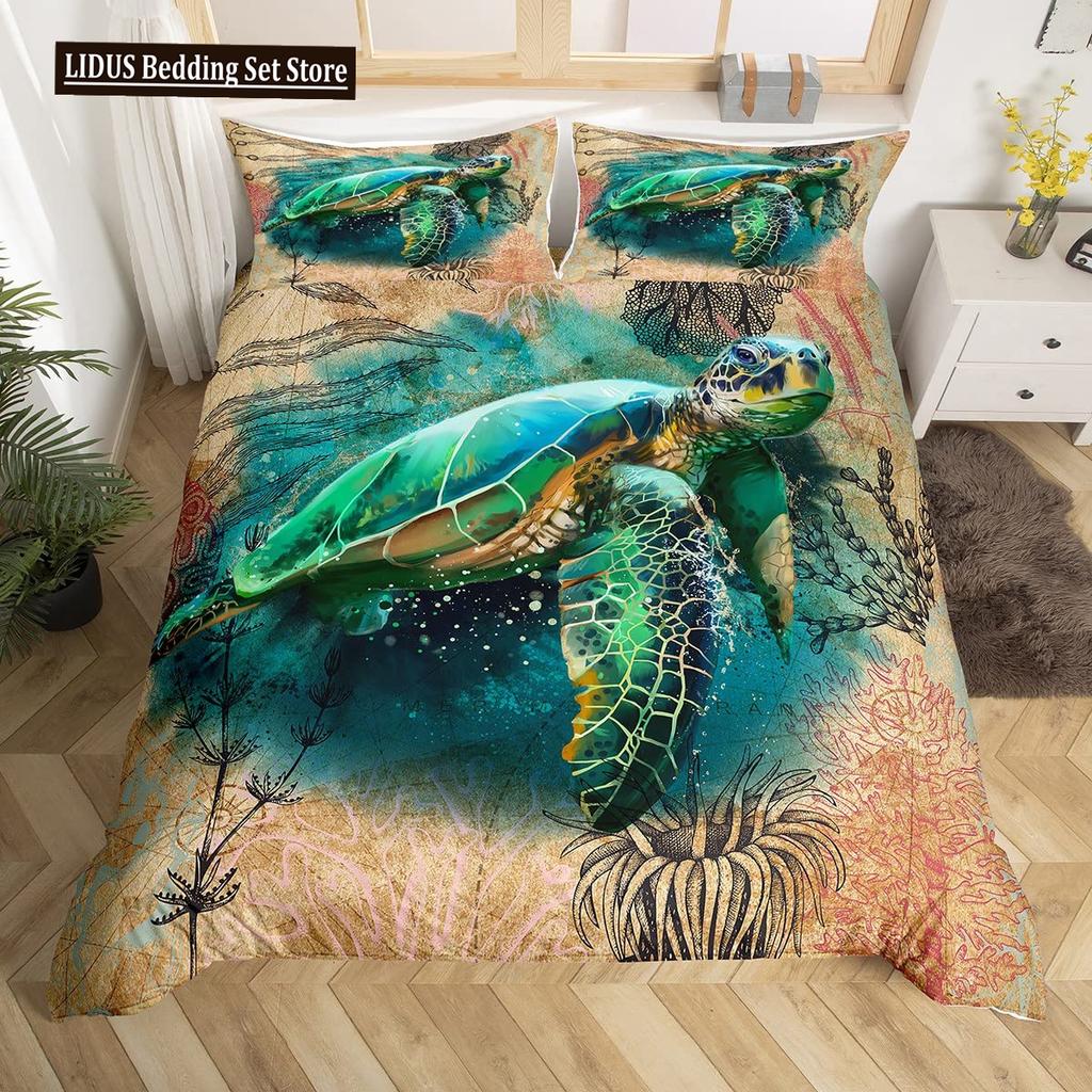 Sea Turtle Duvet Cover Set King Size Watercolor Tortoise Butterfly Comforter Cover For Boys Girly Dreaming Style Bedding Set