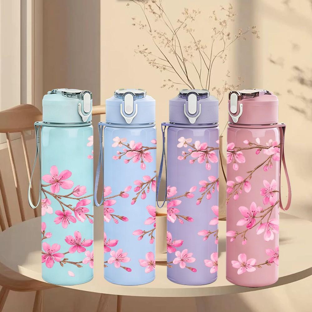 1PC Pink Cherry Blossom Floral Print 750ml Color Plastic Sports Water Bottle Leakproof Flip Straw Lid Suitable for Sports Office Home Use