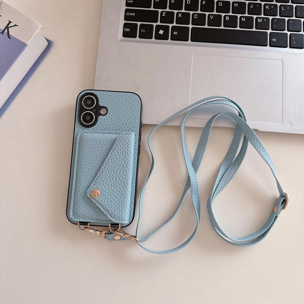 iPhone 17 Case: Lychee Pattern Leather Crossbody Lanyard Card Holder Protective Case for Apple 14 Pro