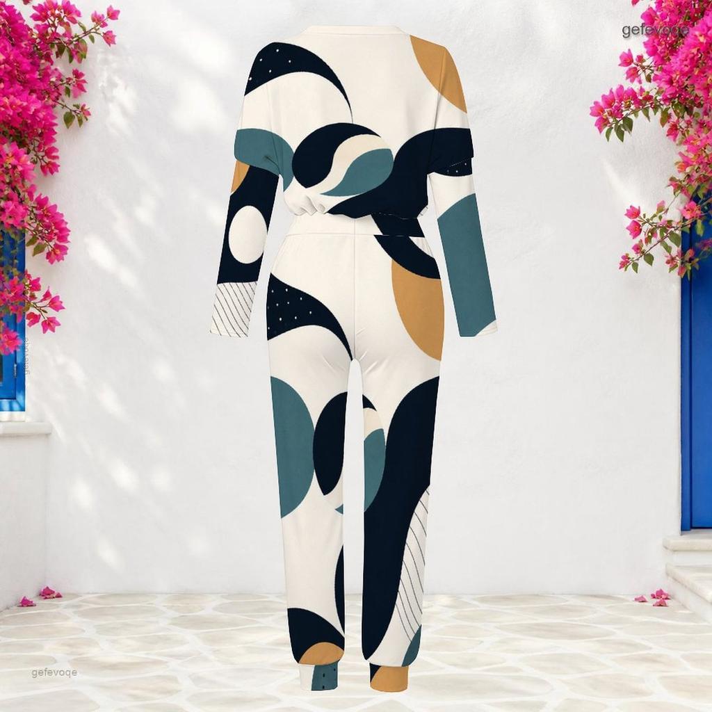 Women Plus Size Round Neck Long Sleeve Printed Black White Cuffed Top And Cuffed Pants Two Piece Set
