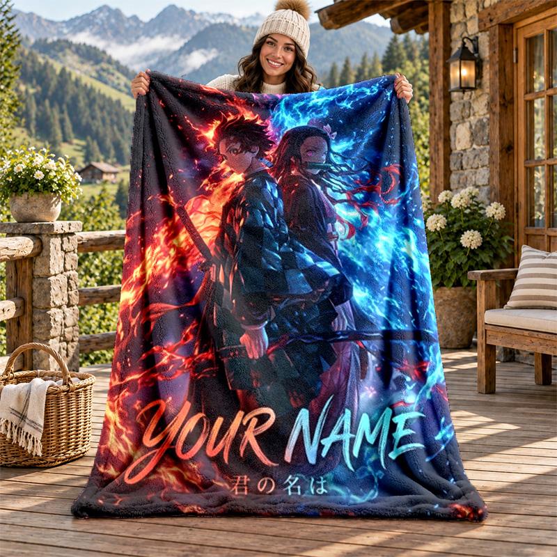 Akaza Demon Slayer Custom Name Flannel Blanket Personalized Soft Warm Plush Throw Blanket Customized Gift for Family Friends