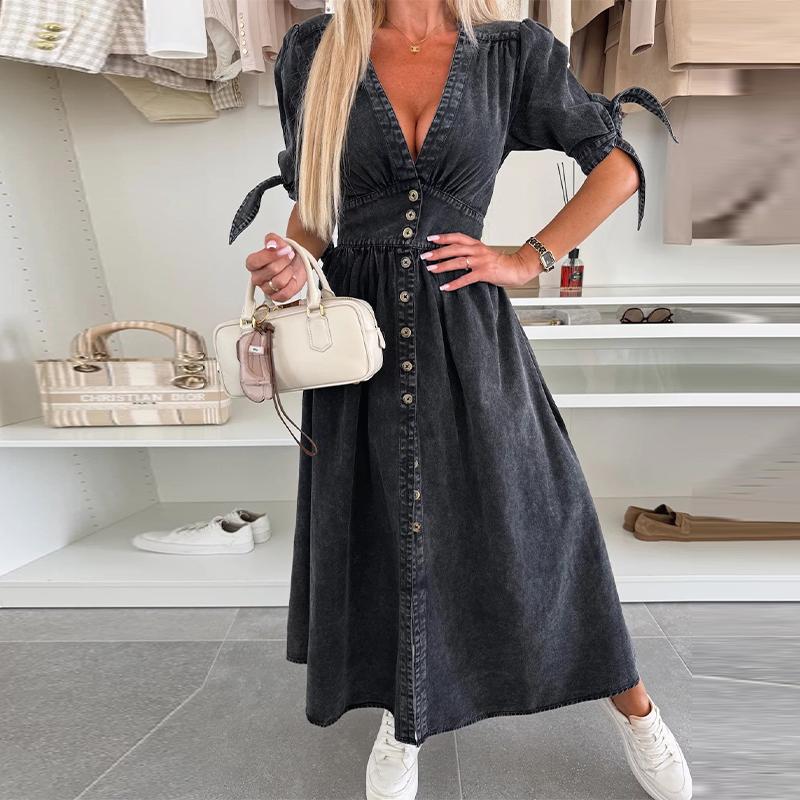 Fashion Sexy V-neck Denim Dress Women's Single Breasted Half Sleeved A-line Dress Solid Color Commute Minimalist Dresses Spring and Summer New