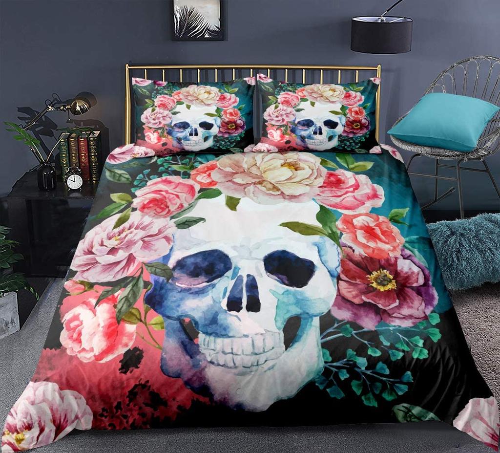 Sugar Skull Comforter Cover Set Teen Girl Bedding Set,Sugar Skull Decor Bedding Skull Roses Floral Print Duvet Cover Set