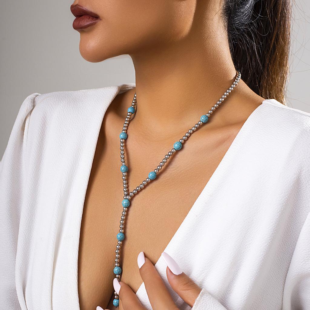 Accessories, temperament Y-shaped beaded fringed necklace women, niche simple round bead turquoise geometric necklace