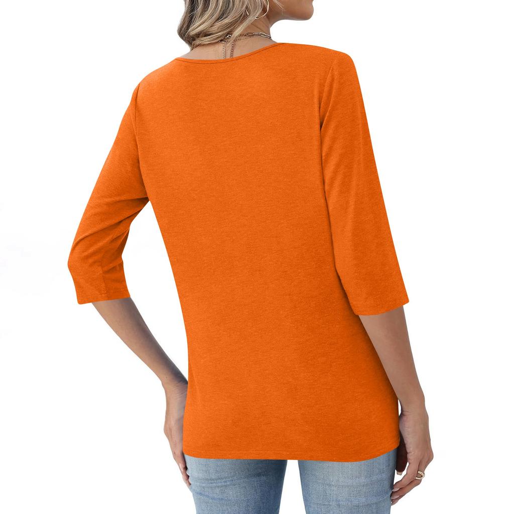 Women's Fashionable Casual Button-down Collar Three-quarter Sleeve T-shirt Top