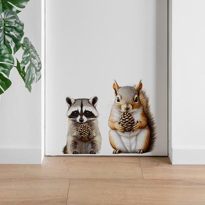Entzückender Eichhörnchen und Waschbär Tür- & Wandaufkleber Verspielte Waldtiere Selbstklebend Abnehmbare Dekoration für Kinderzimmer Schlafzimmer Wohnzimmer