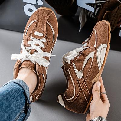 Fashion Vintage Workwear Brown Suede Trainer Sneakers | Color - Block Thick - Lace Low - Top Shoes