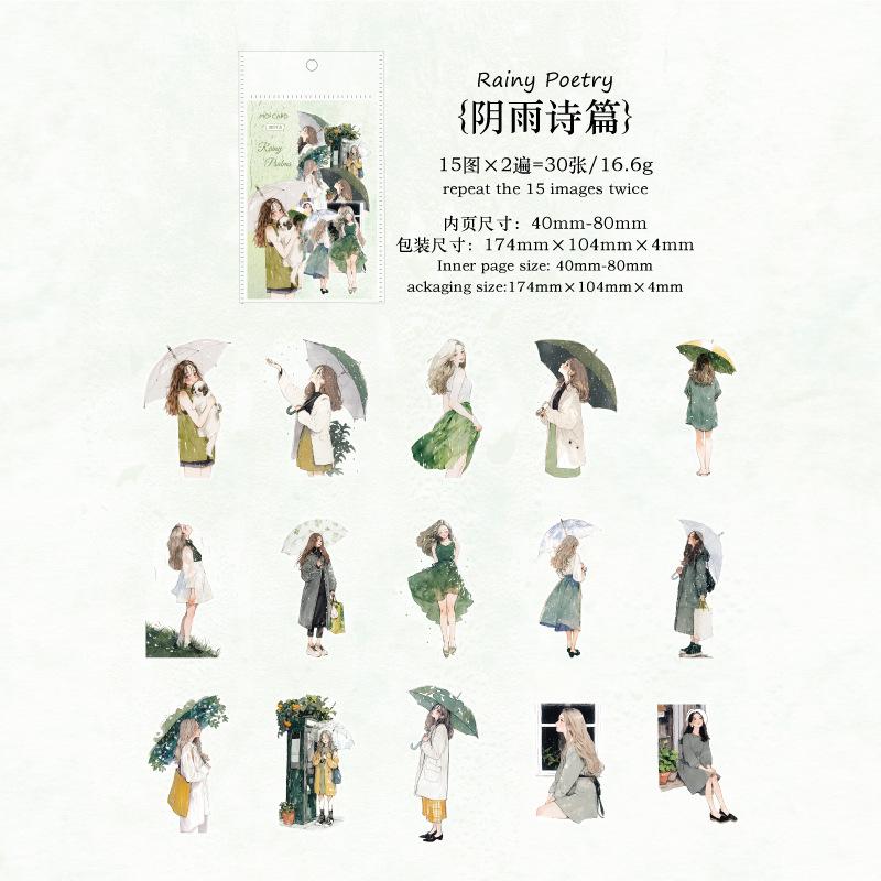 30 pcs The theme of the girl in the rain Stickers The girl with an umbrella Decorative Adhesive Diy Sticker pack