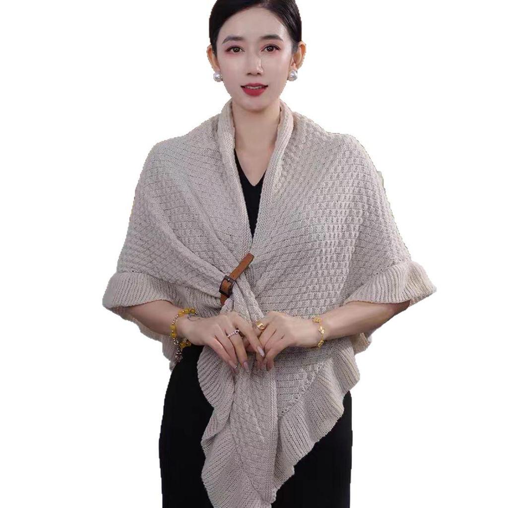 Chic Korean-Style Knitted Wool Cape with Leather Buckle - Women's Versatile and Warm Shawl